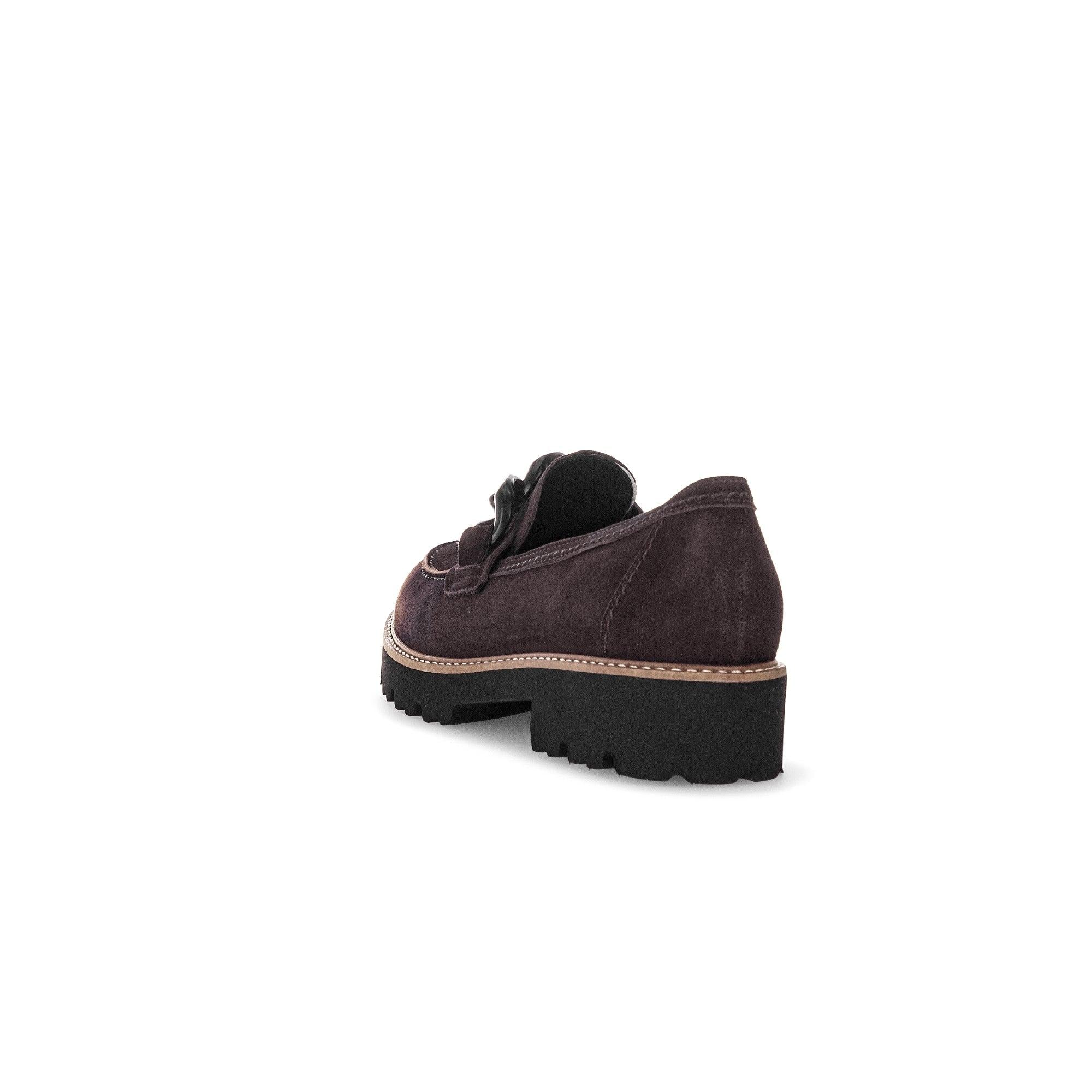 Gabor ladies' chocolate brown suede slip-on loafers with chunky black sole, stylish and comfortable footwear.