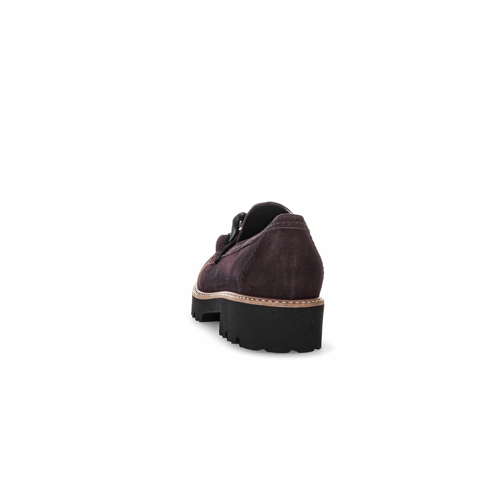Gabor Ladies Chocolate Brown Suede Slip-On Loafers with chunky black sole and stitching details, back view.