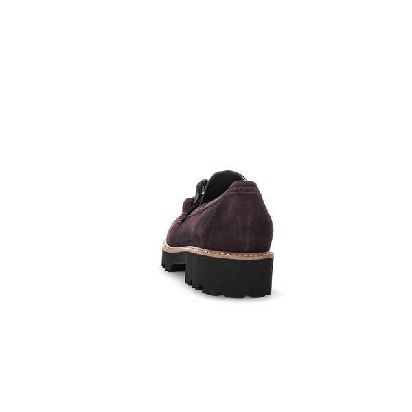 Gabor Ladies Chocolate Brown Suede Slip-On Loafers with chunky black sole and stitching details, back view.