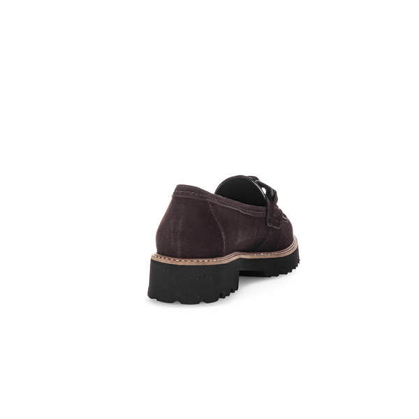 Gabor ladies' chocolate brown suede slip-on loafers with chunky black soles and stitching detail.