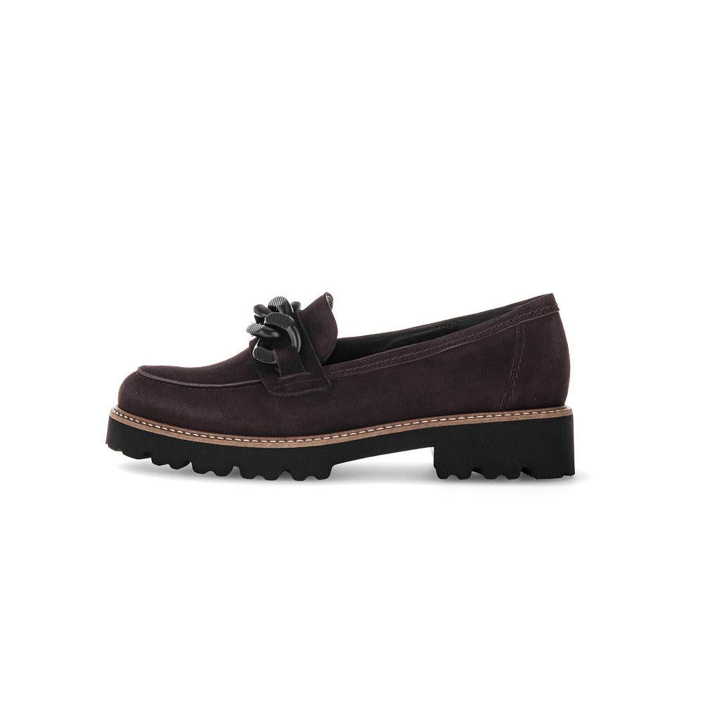 Gabor women's chocolate brown suede slip-on loafers with bow detail and chunky rubber sole.