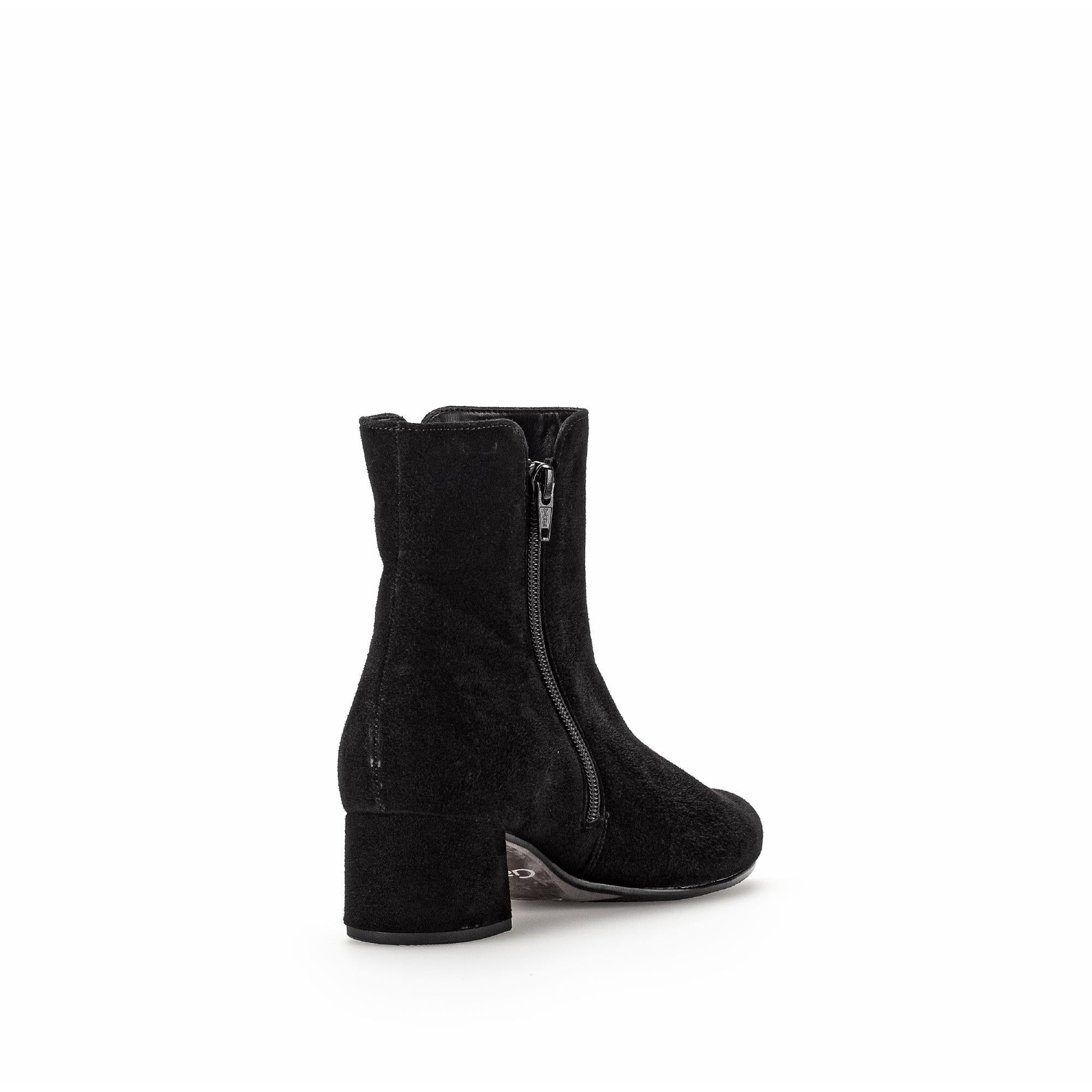 Gabor Abbey Ladies Black Microsuede Side Zip Ankle Boots with chunky heel and zipper detail.