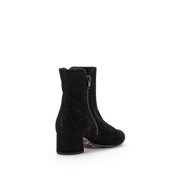 Gabor Abbey Ladies Black Microsuede Side Zip Ankle Boots with chunky heel and zipper detail.