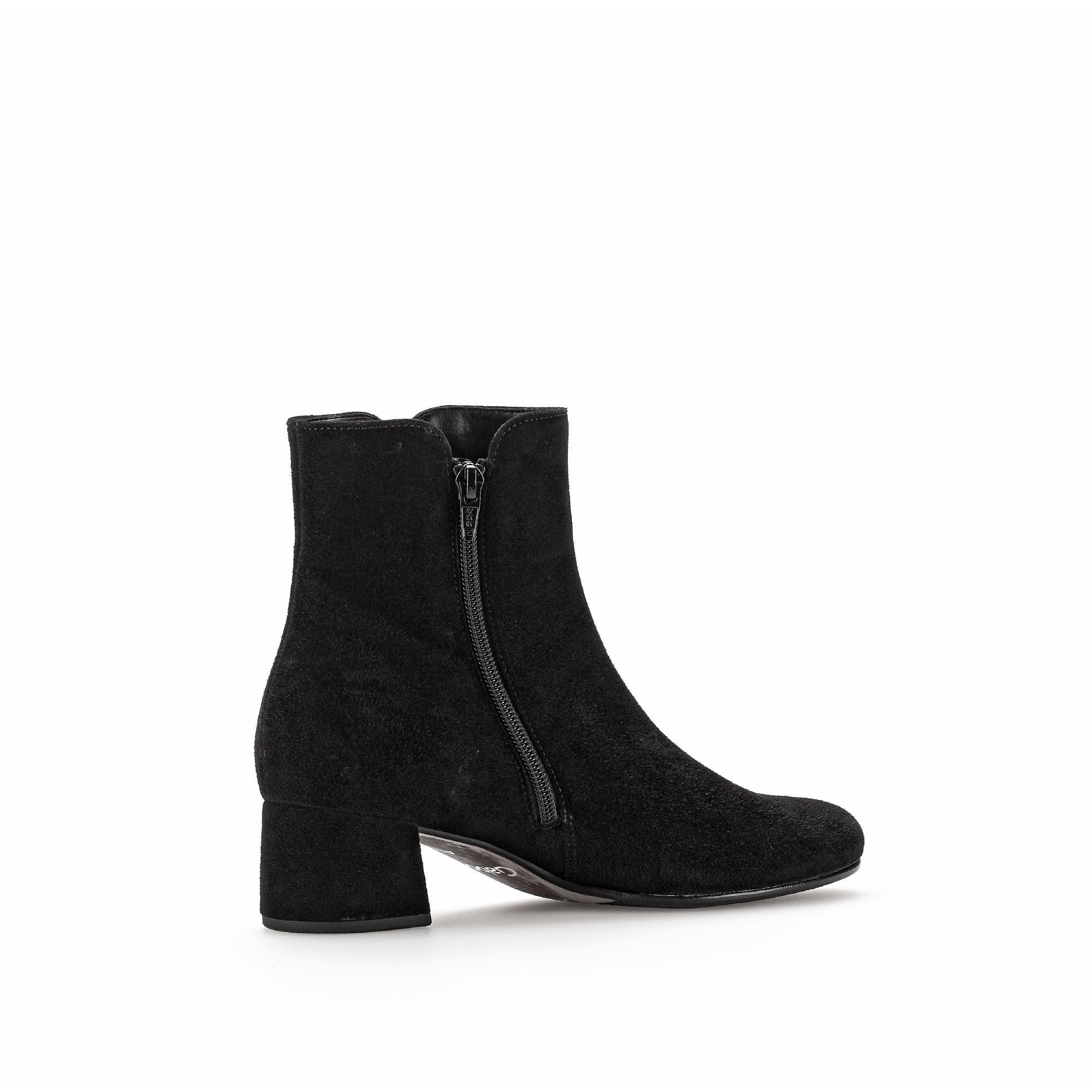 Gabor Abbey Ladies Black Microsuede Side Zip Ankle Boots with chunky heel and sleek design.