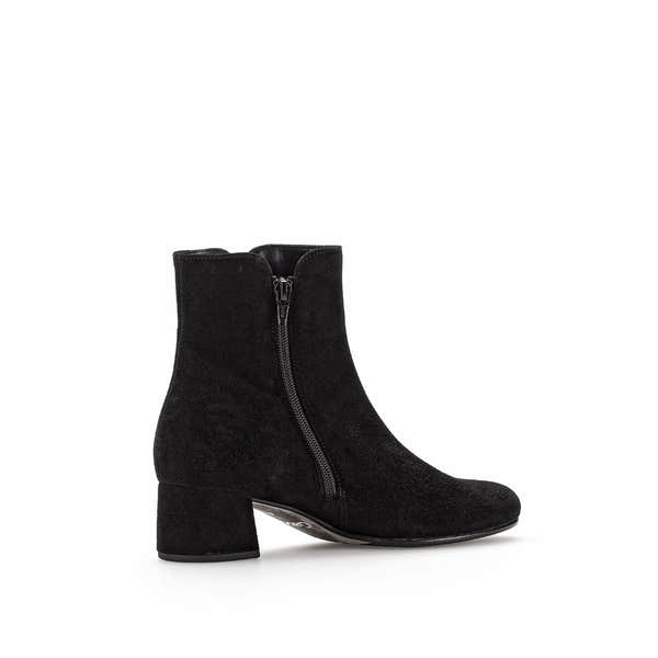Gabor Abbey Ladies Black Microsuede Side Zip Ankle Boots with chunky heel and sleek design.