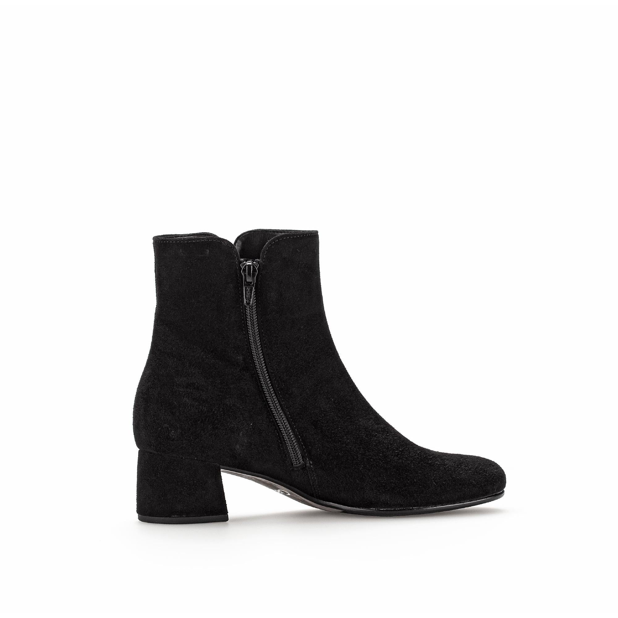 Gabor Abbey Ladies Black Microsuede Side Zip Ankle Boots with block heel and sleek design.