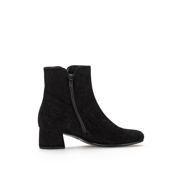 Gabor Abbey Ladies Black Microsuede Side Zip Ankle Boots with block heel and sleek design.