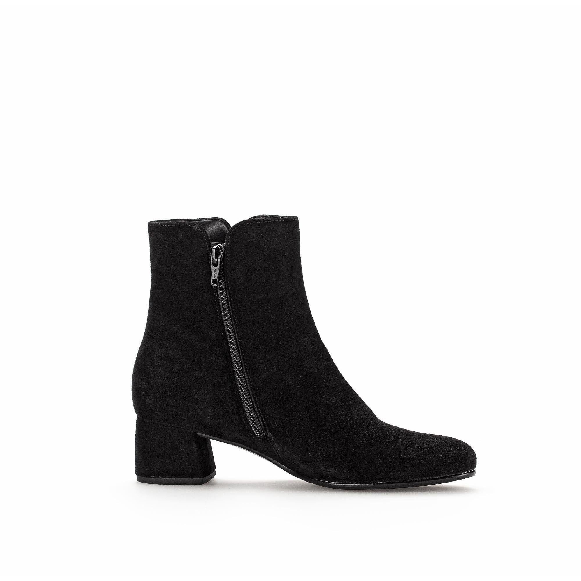 Gabor Abbey Ladies Black Microsuede Ankle Boots with Side Zip, Block Heel, stylish footwear.