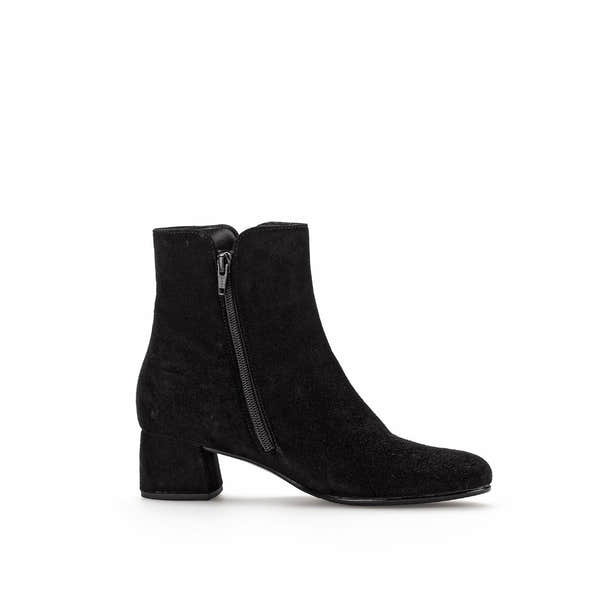 Gabor Abbey Ladies Black Microsuede Ankle Boots with Side Zip, Block Heel, stylish footwear.