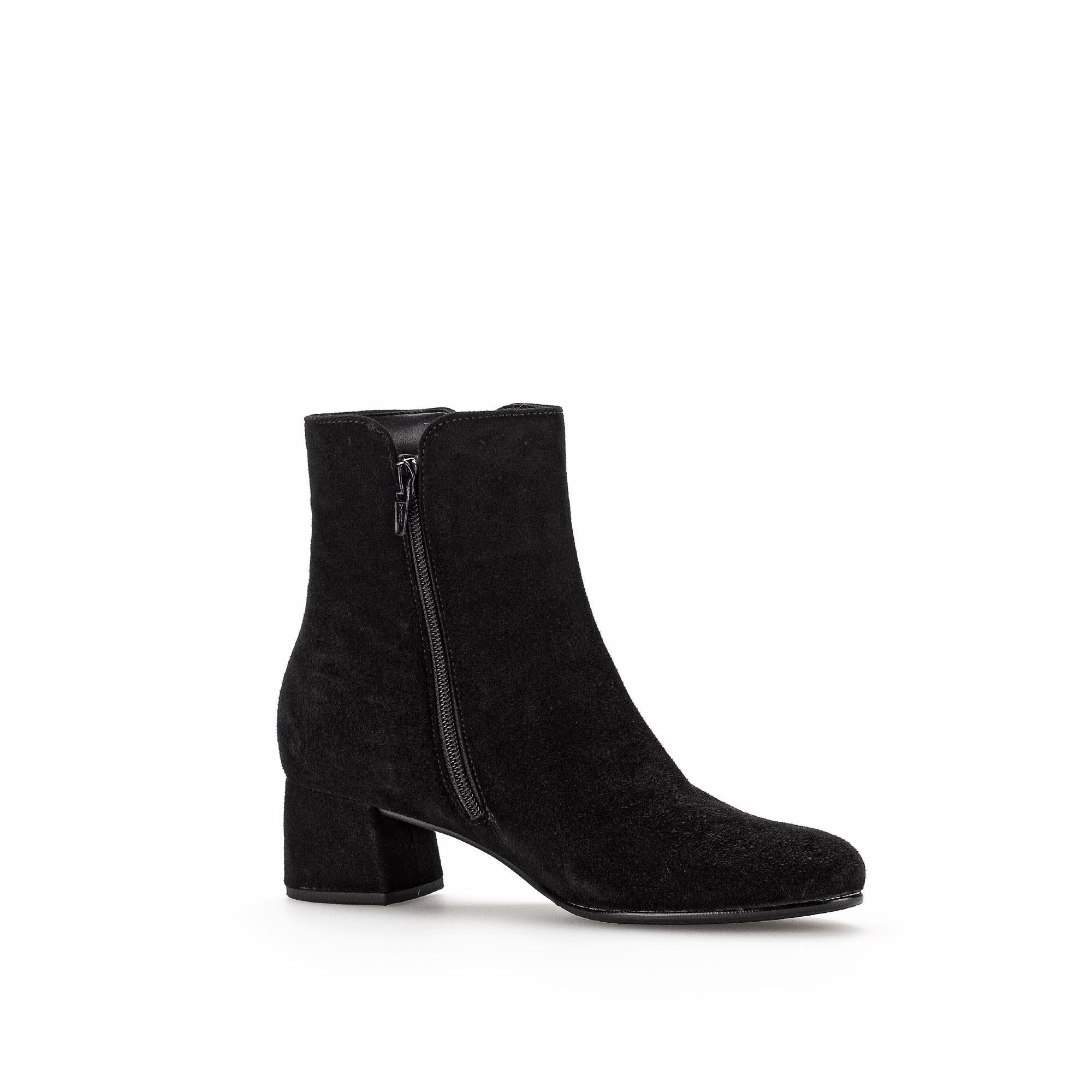 Gabor Abbey Ladies Black Microsuede Side Zip Ankle Boots with block heel and sleek design.