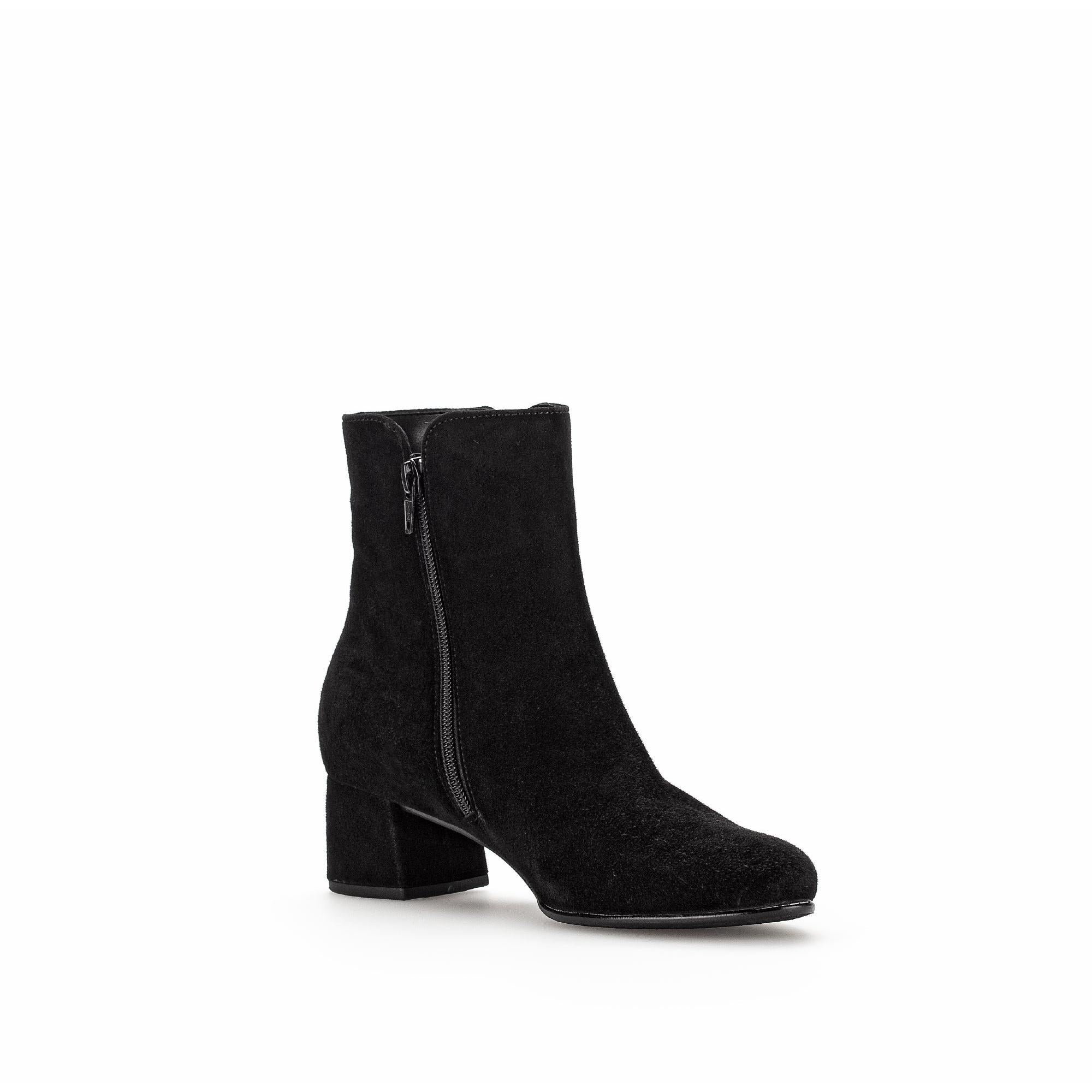 Gabor Abbey Women's Black Microsuede Ankle Boots with Side Zip and Block Heel.