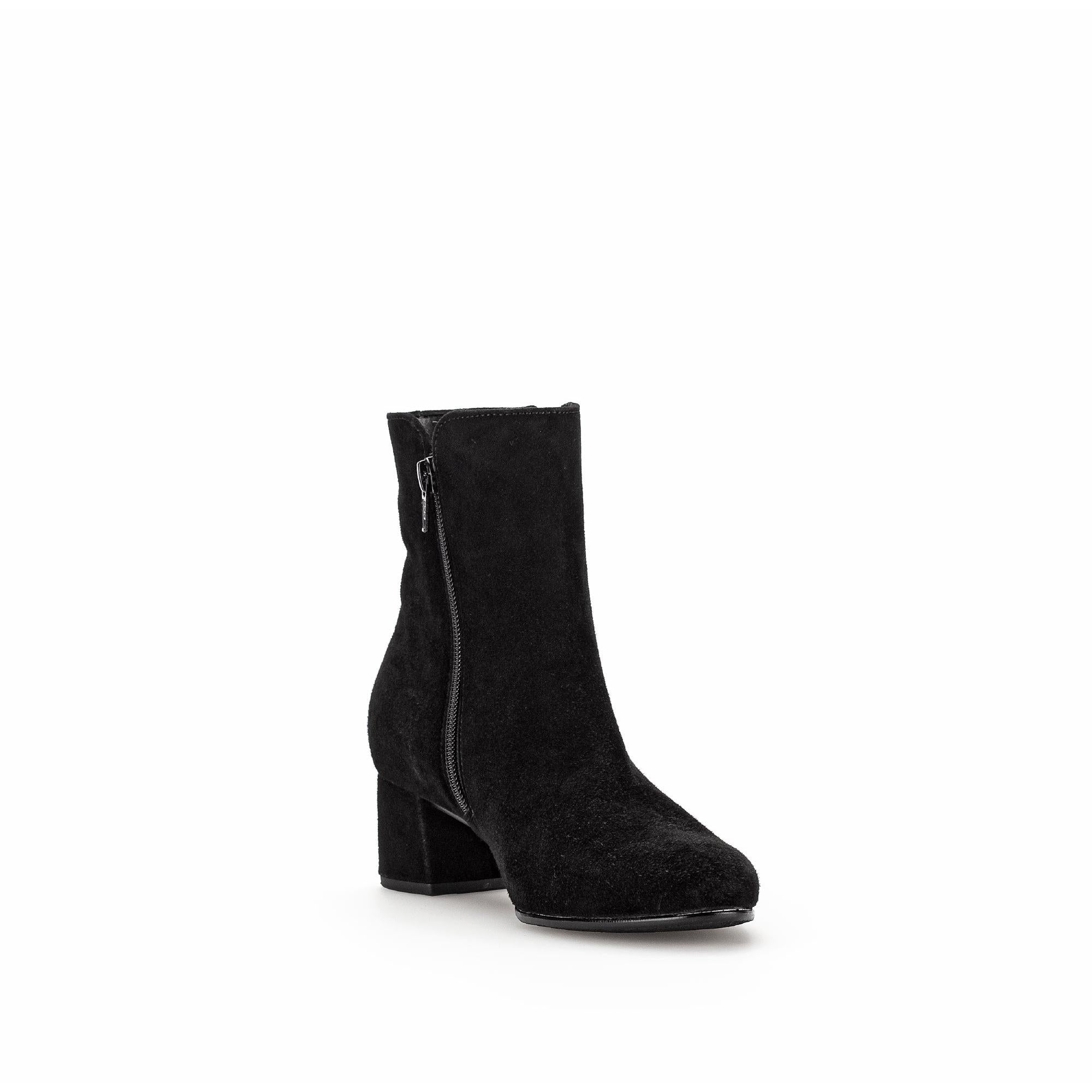 Gabor Abbey Ladies Black Microsuede Side Zip Ankle Boots with Block Heel.