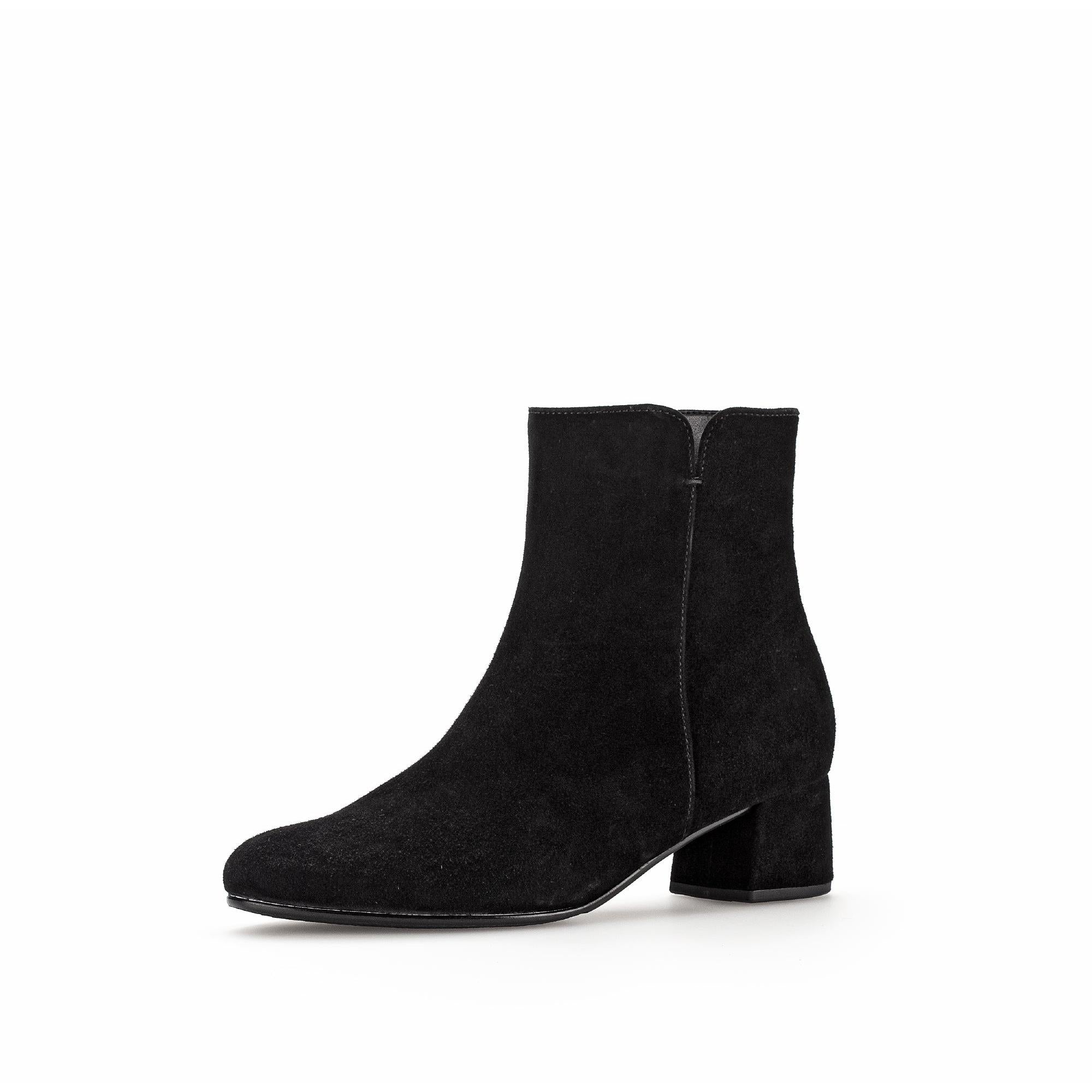 Gabor Abbey Ladies Black Microsuede Ankle Boots with Side Zip, Block Heel, and Pointed Toe.