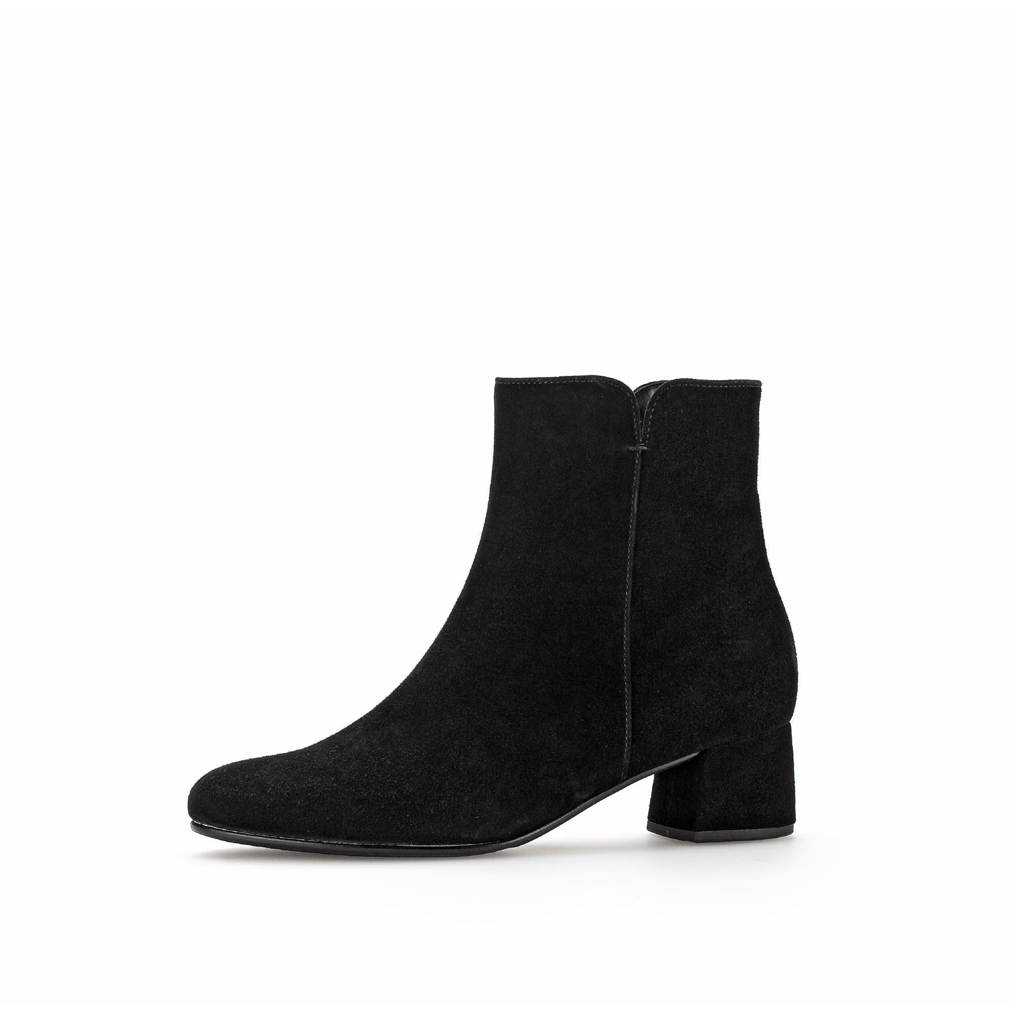 Gabor Abbey Ladies Black Microsuede Ankle Boots with Side Zip and Chunky Heel.