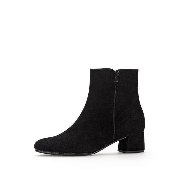 Gabor Abbey Ladies Black Microsuede Ankle Boots with Side Zip and Chunky Heel.