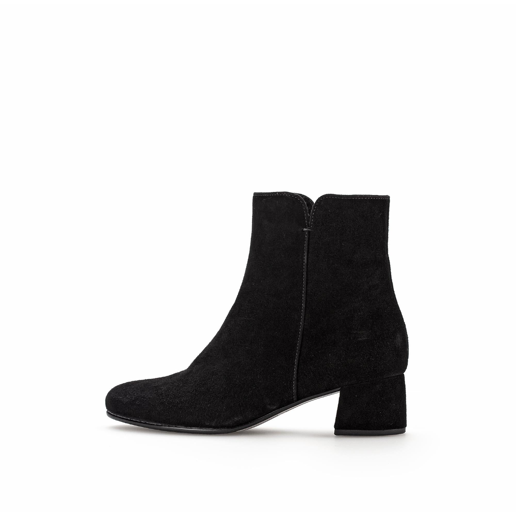 Gabor Abbey Women’s Black Microsuede Side Zip Ankle Boots with Block Heel, stylish and comfortable for fall and winter.