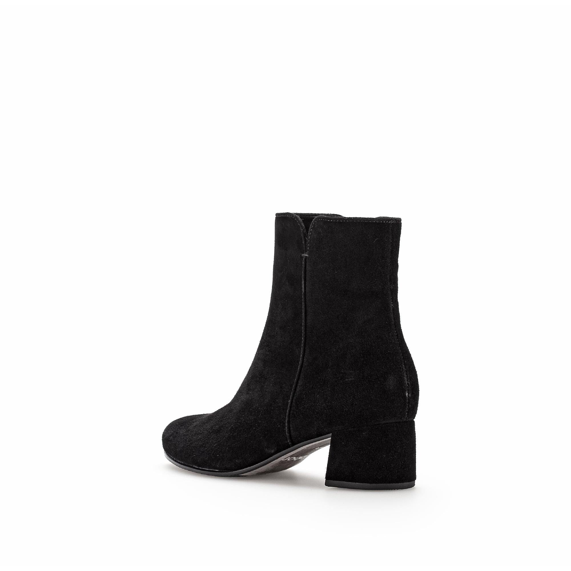 Gabor Abbey Ladies Black Microsuede Side Zip Ankle Boots with Block Heel and sleek design.
