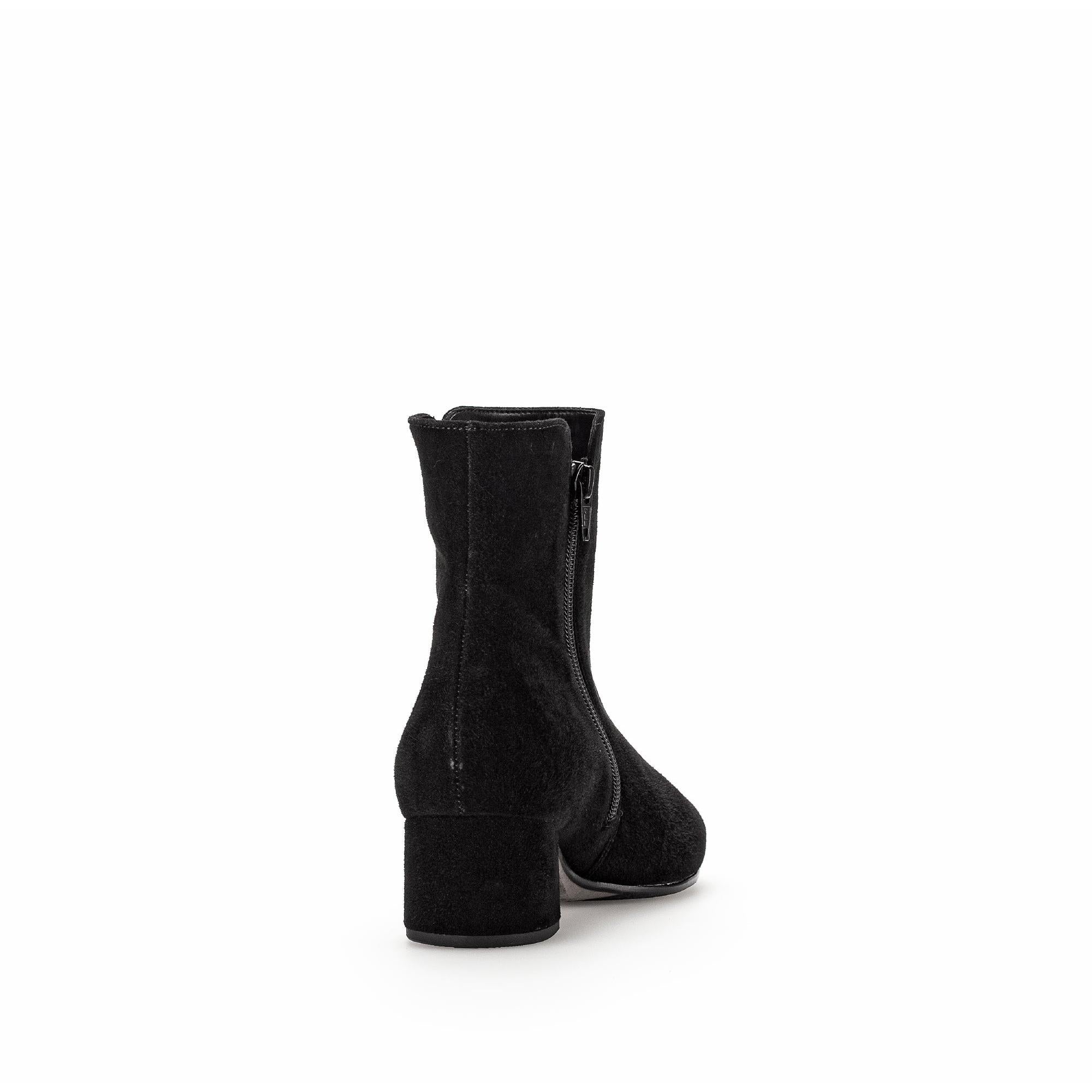 Gabor Abbey Ladies Black Microsuede Side Zip Ankle Boots with Block Heel, stylish mid-height footwear.