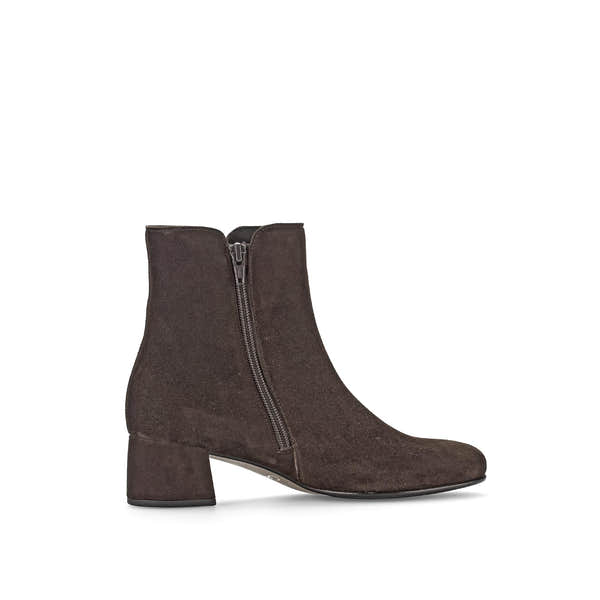 Gabor Abbey Ladies Chocolate Brown Microsuede Side Zip Ankle Boots with Block Heel and sleek design.