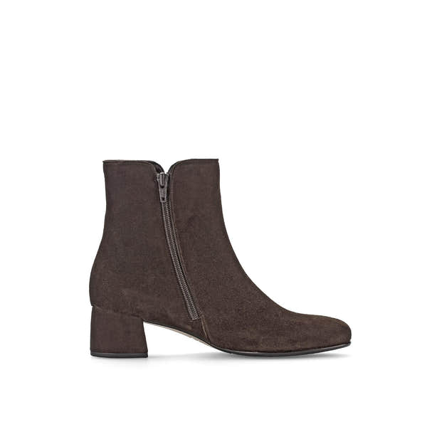 Gabor Abbey women's chocolate brown microsuede side zip ankle boots with block heel.