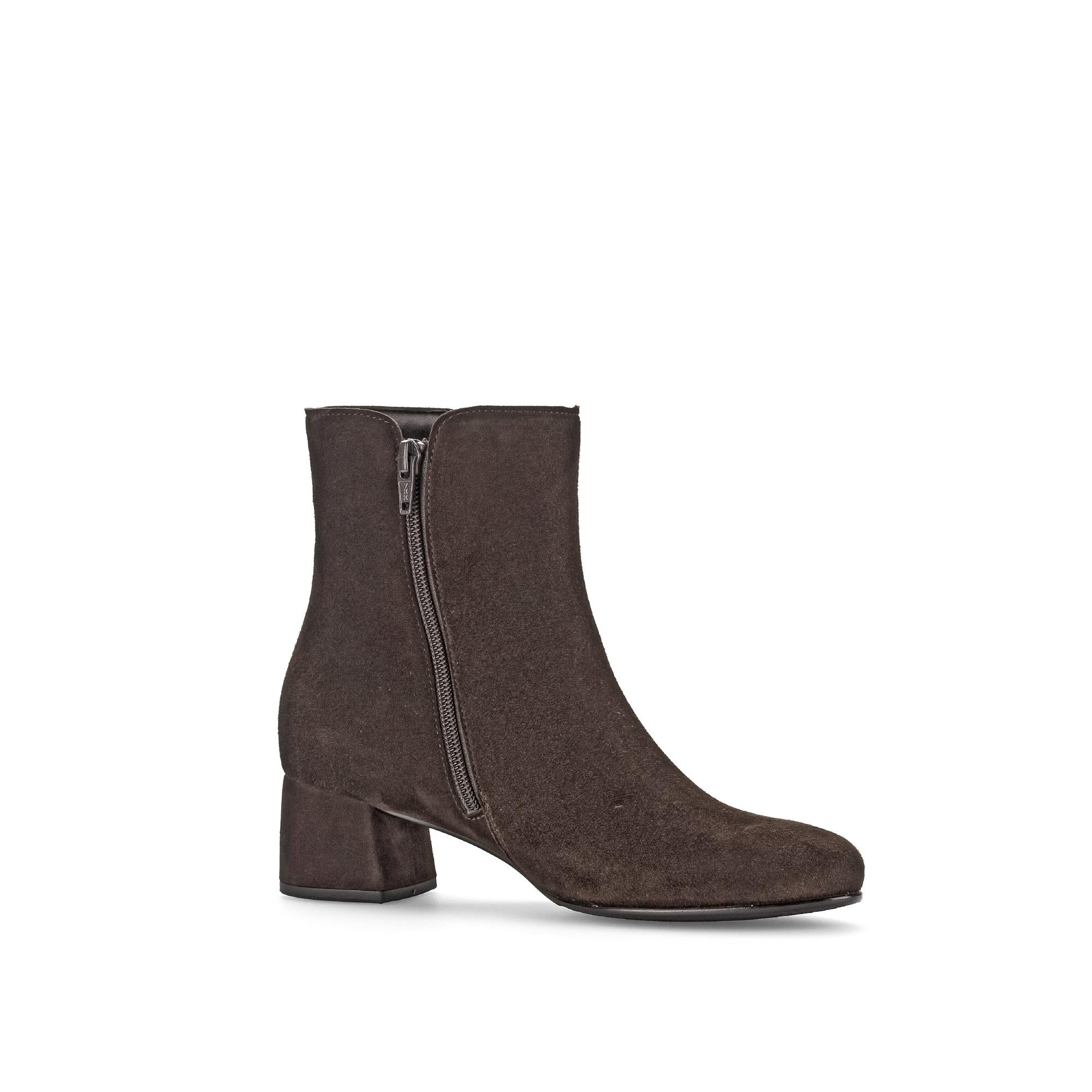Gabor Abbey women's chocolate brown microsuede ankle boots with side zipper and block heel.