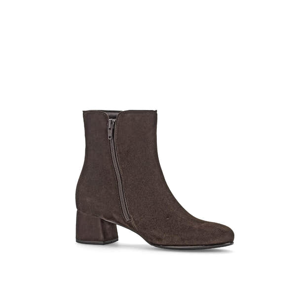 Gabor Abbey women's chocolate brown microsuede ankle boots with side zipper and block heel.