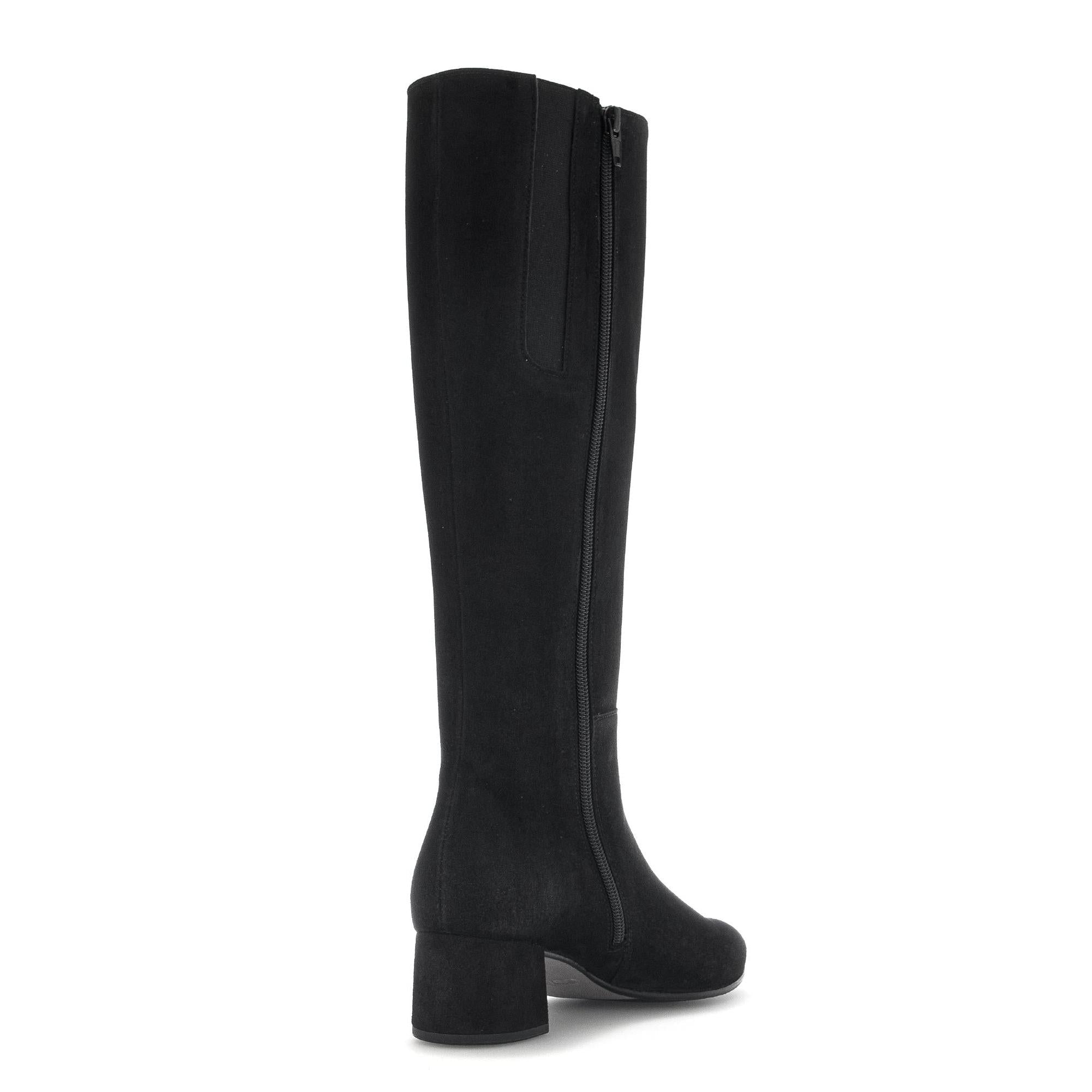Gabor Ashby M women's black microsuede knee-high boots with side zipper and chunky heel.