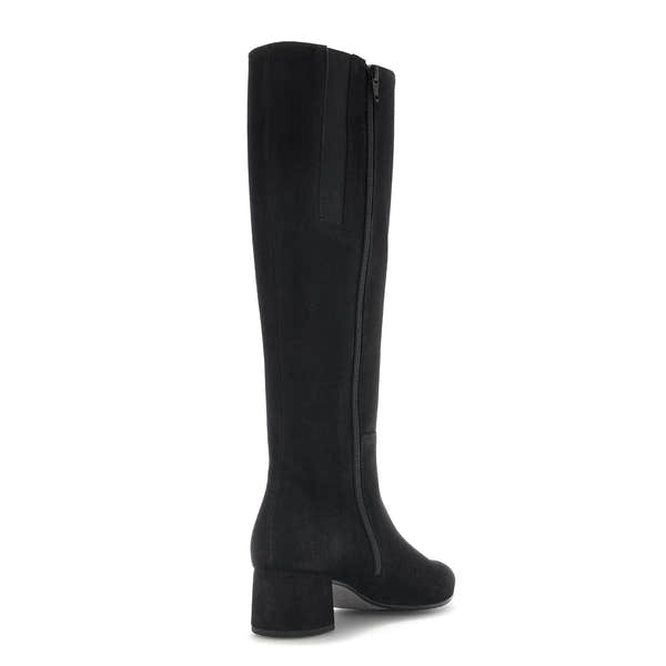 Gabor Ashby M women's black microsuede knee-high boots with side zipper and chunky heel.