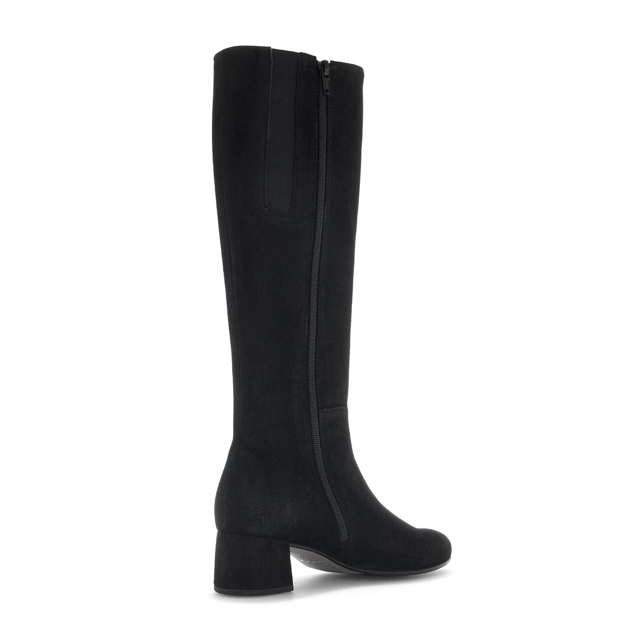 Gabor Ashby M women's black microsuede knee-high boots with side zipper and block heel.