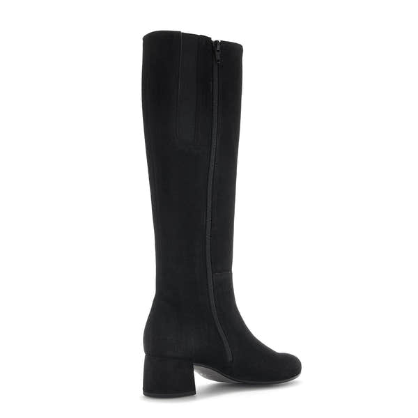 Gabor Ashby M women's black microsuede knee-high boots with side zipper and block heel.