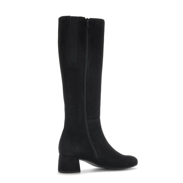 Gabor Ashby M black microsuede knee-high boots with side zipper and block heel.