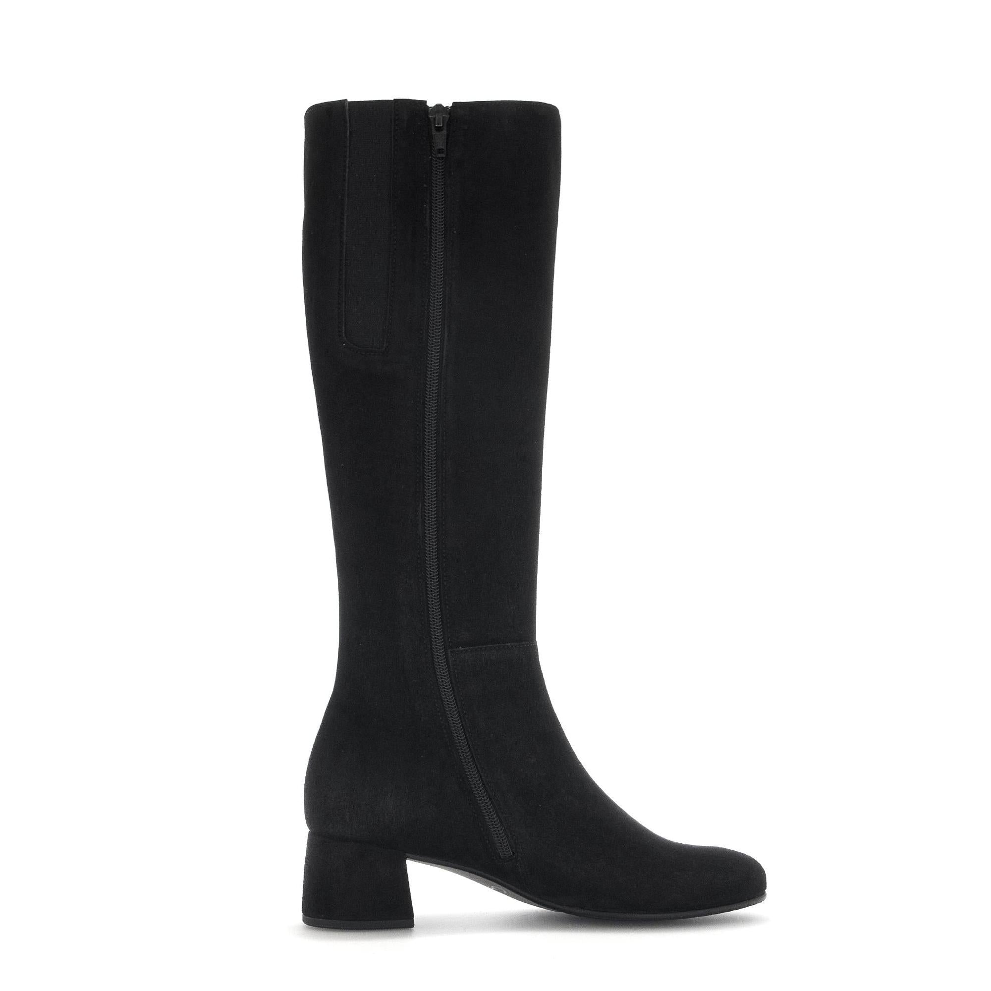 Gabor Ashby M women's black microsuede knee-high boots with side zipper, block heel, and stylish design.