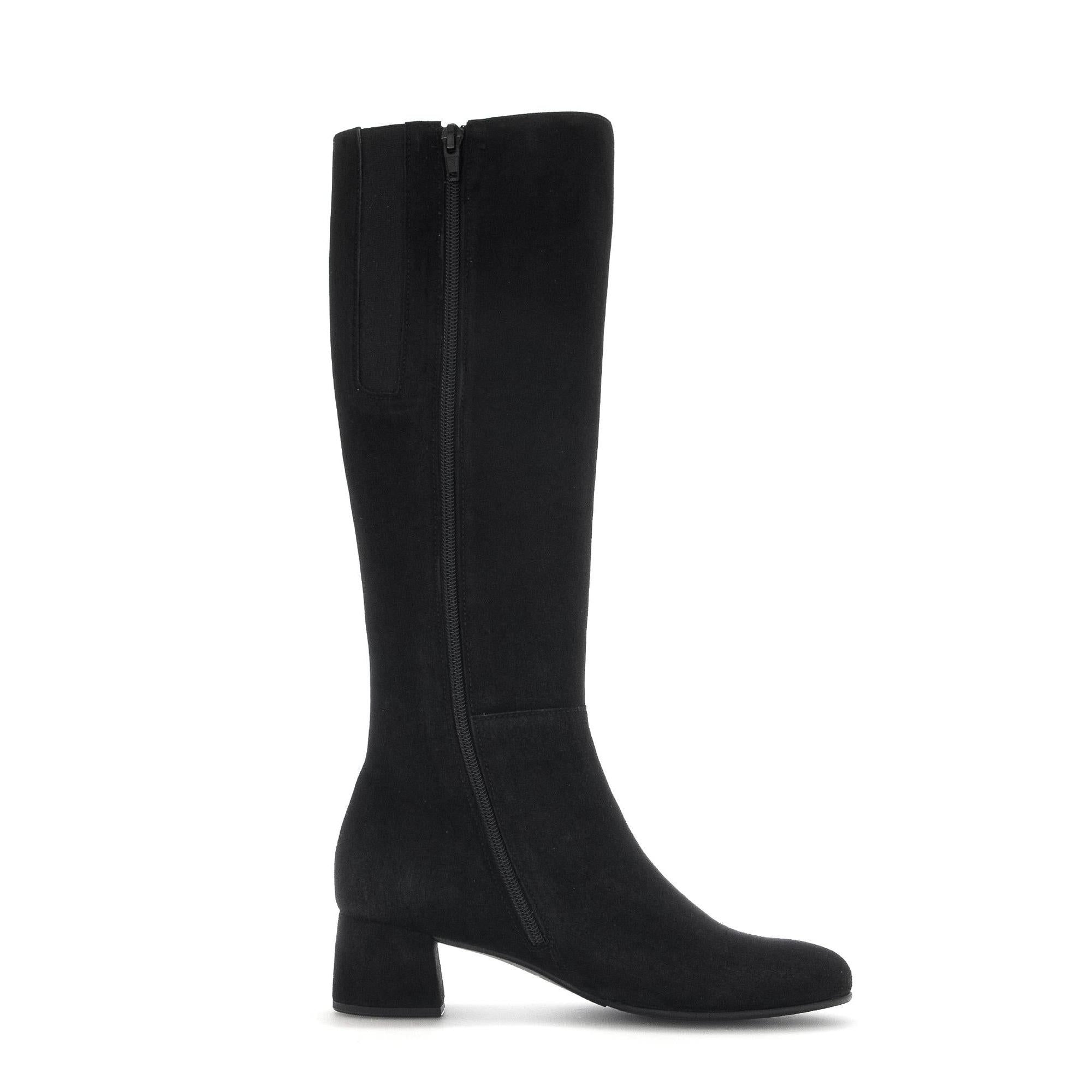 Gabor Ashby M women's black microsuede knee-high boots with side zipper and block heel.