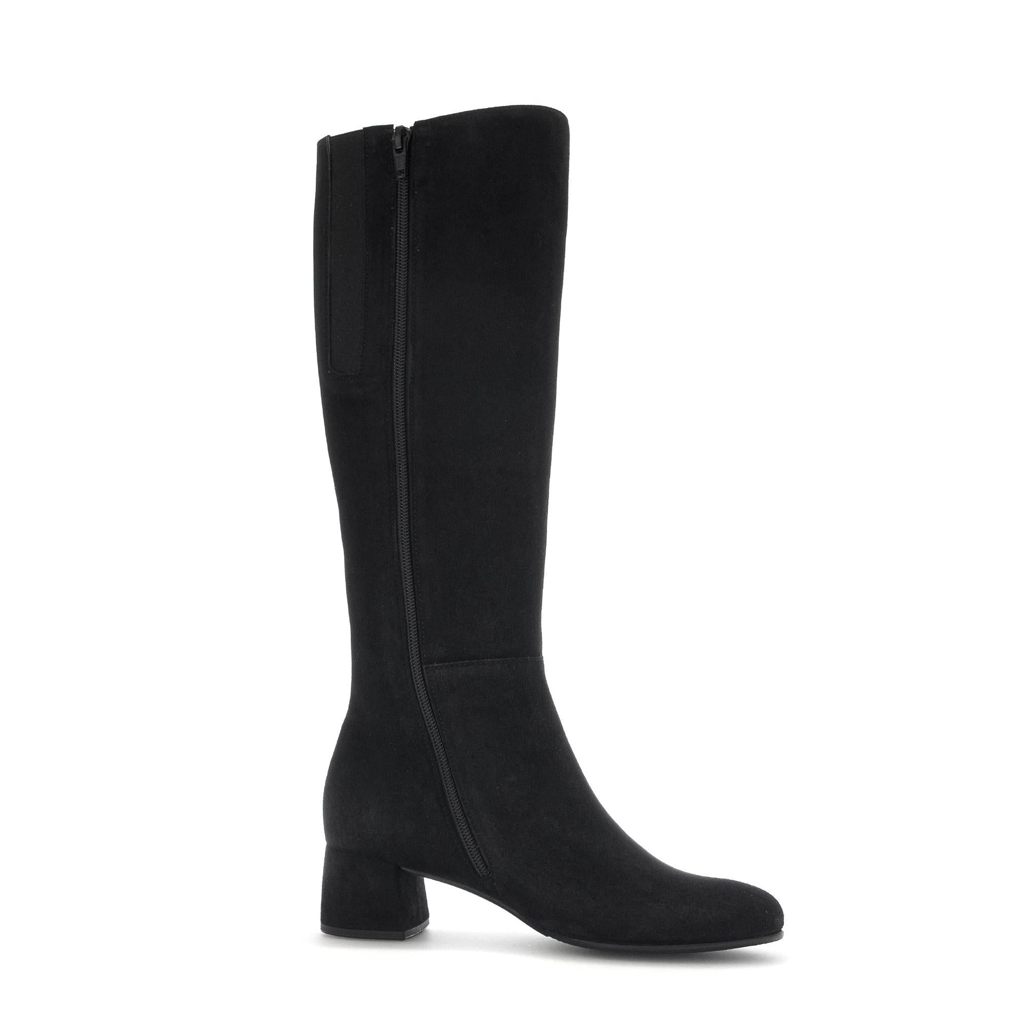 Gabor Ashby M knee-high women's black microsuede boots with side zipper, block heel, and sleek style.