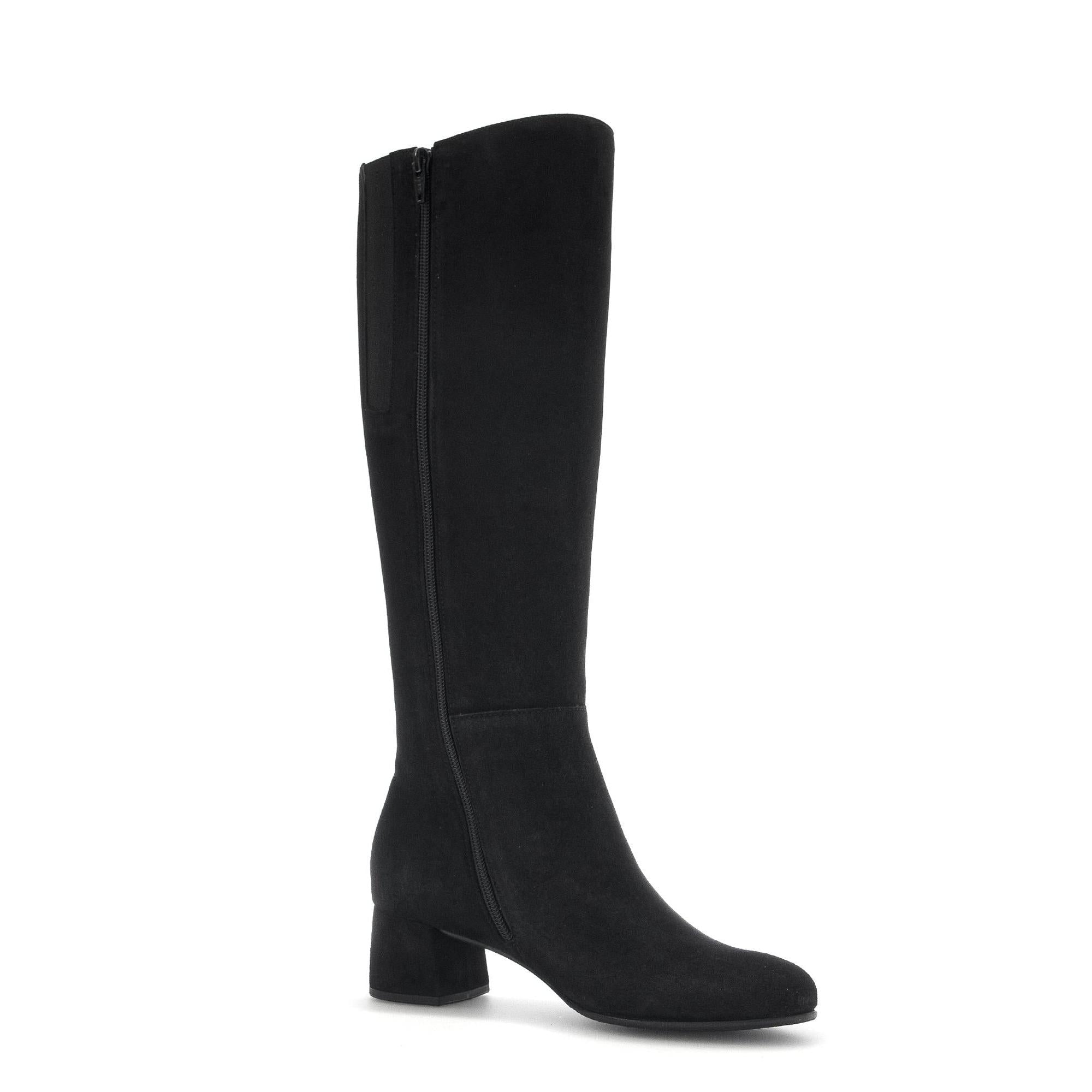 Gabor Ashby M Ladies black microsuede knee-high boots with side zipper and block heel.