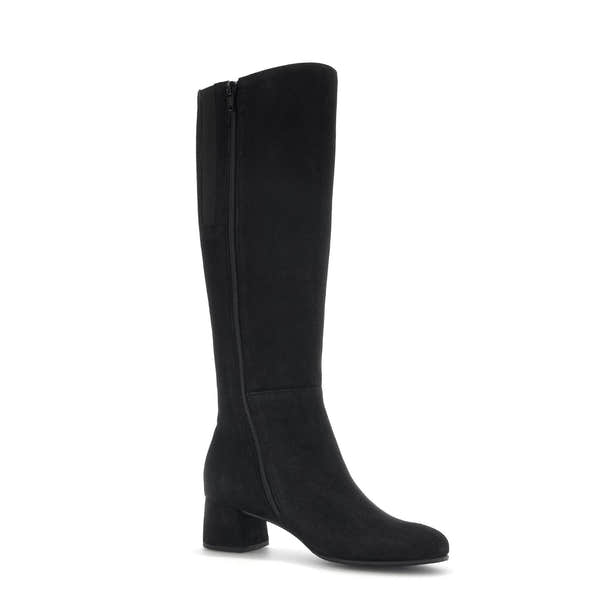 Gabor Ashby M Ladies black microsuede knee-high boots with side zipper and block heel.