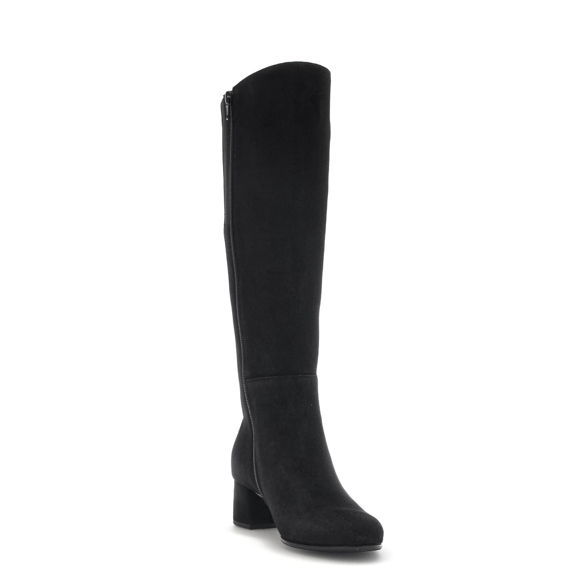 Black microsuede knee-high boots with side zipper, block heel, and stylish design for women.
