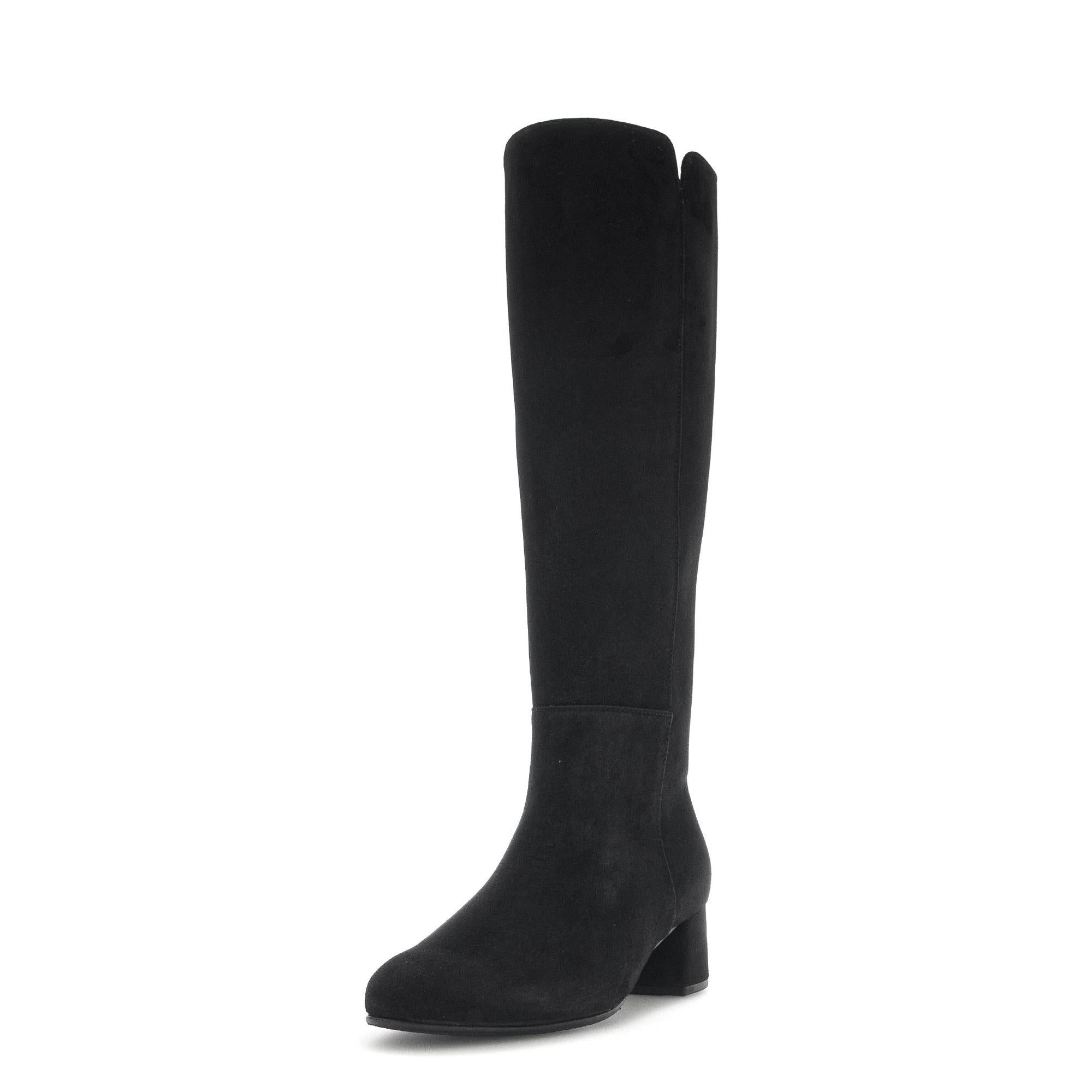 Gabor Ashby M women's knee-high black microsuede boots with side zipper and block heel.