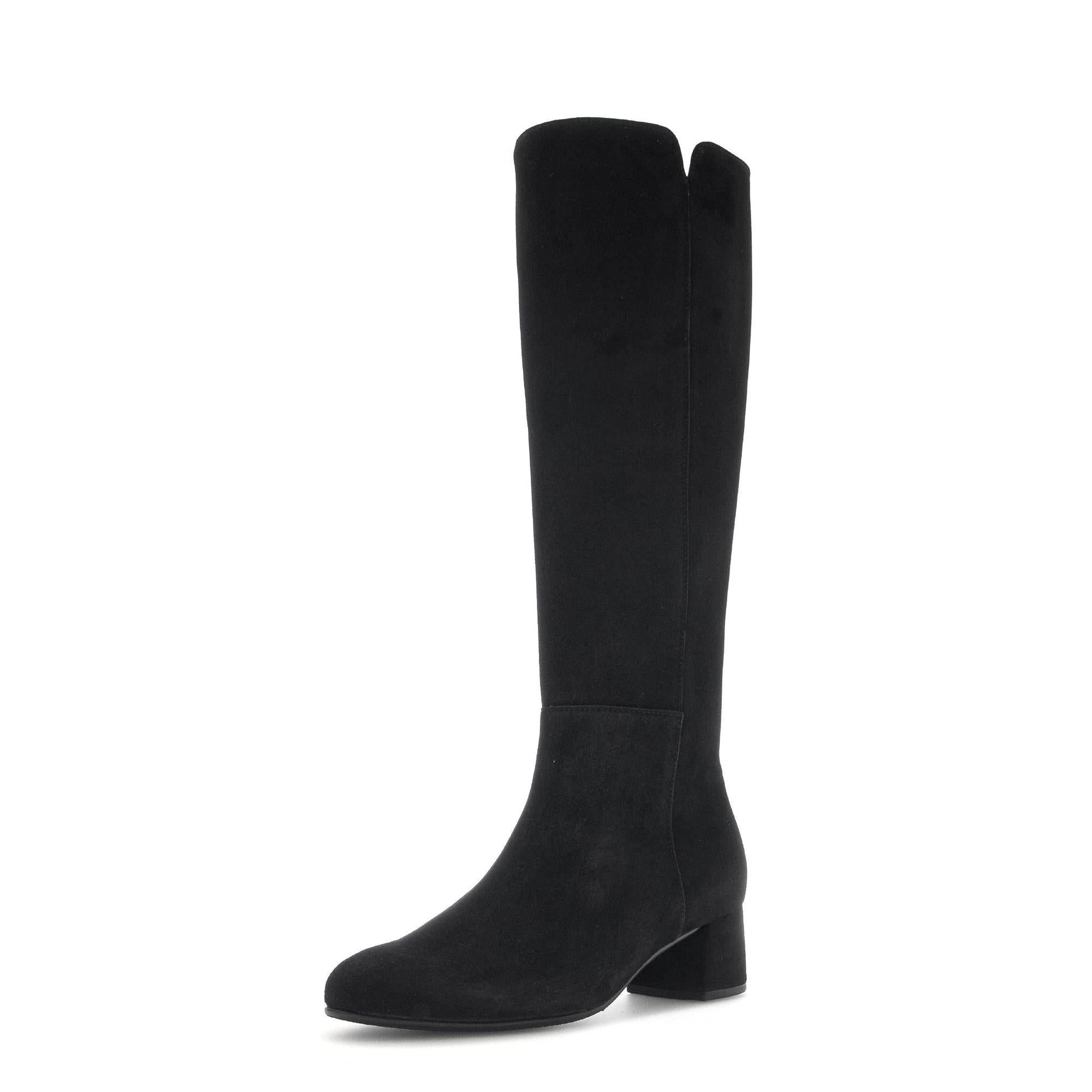 Gabor Ashby M women's black microsuede knee-high boots with side zip and chunky heel.