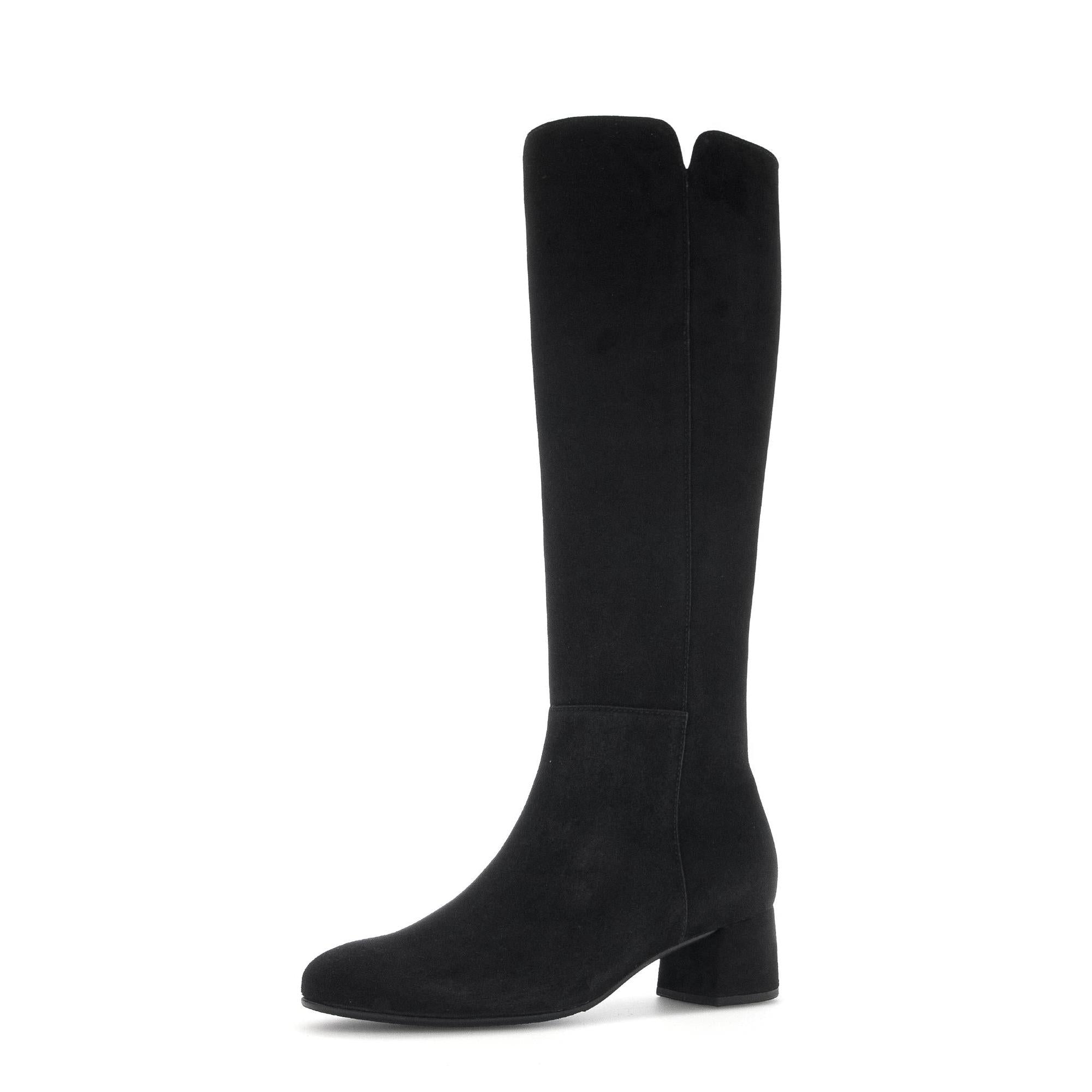 Gabor women's black microsuede knee-high boots with side zip, block heel, and stylish suede finish.