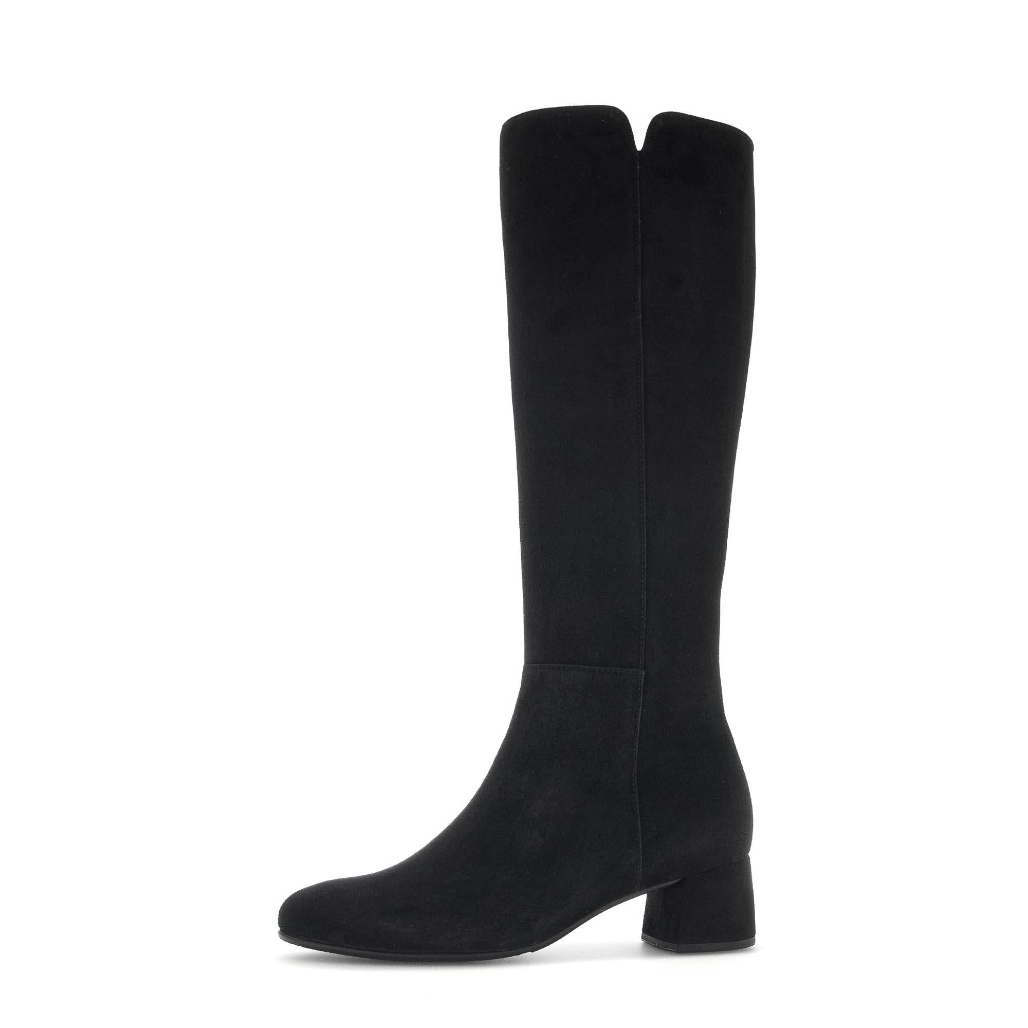 Gabor Ashby M women's black microsuede knee-high boots with side zippers and block heels.