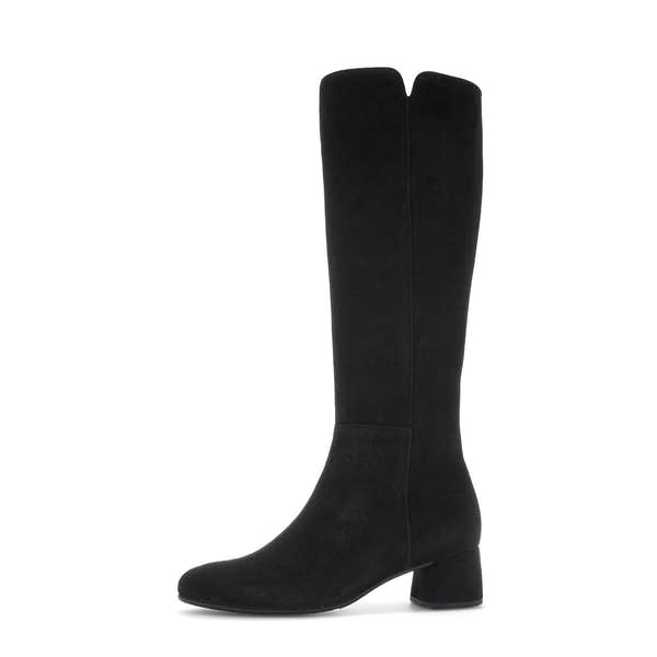 Gabor Ashby M women's black microsuede knee-high boots with side zippers and block heels.