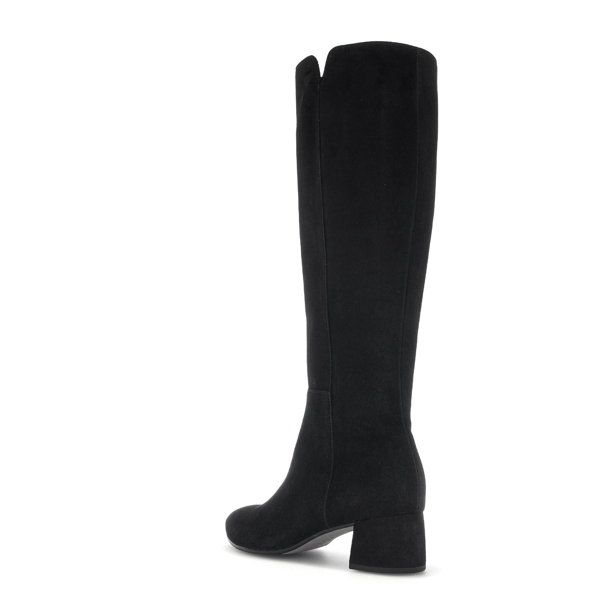 Gabor Ashby M ladies black microsuede knee-high boots with side zipper and chunky heel.