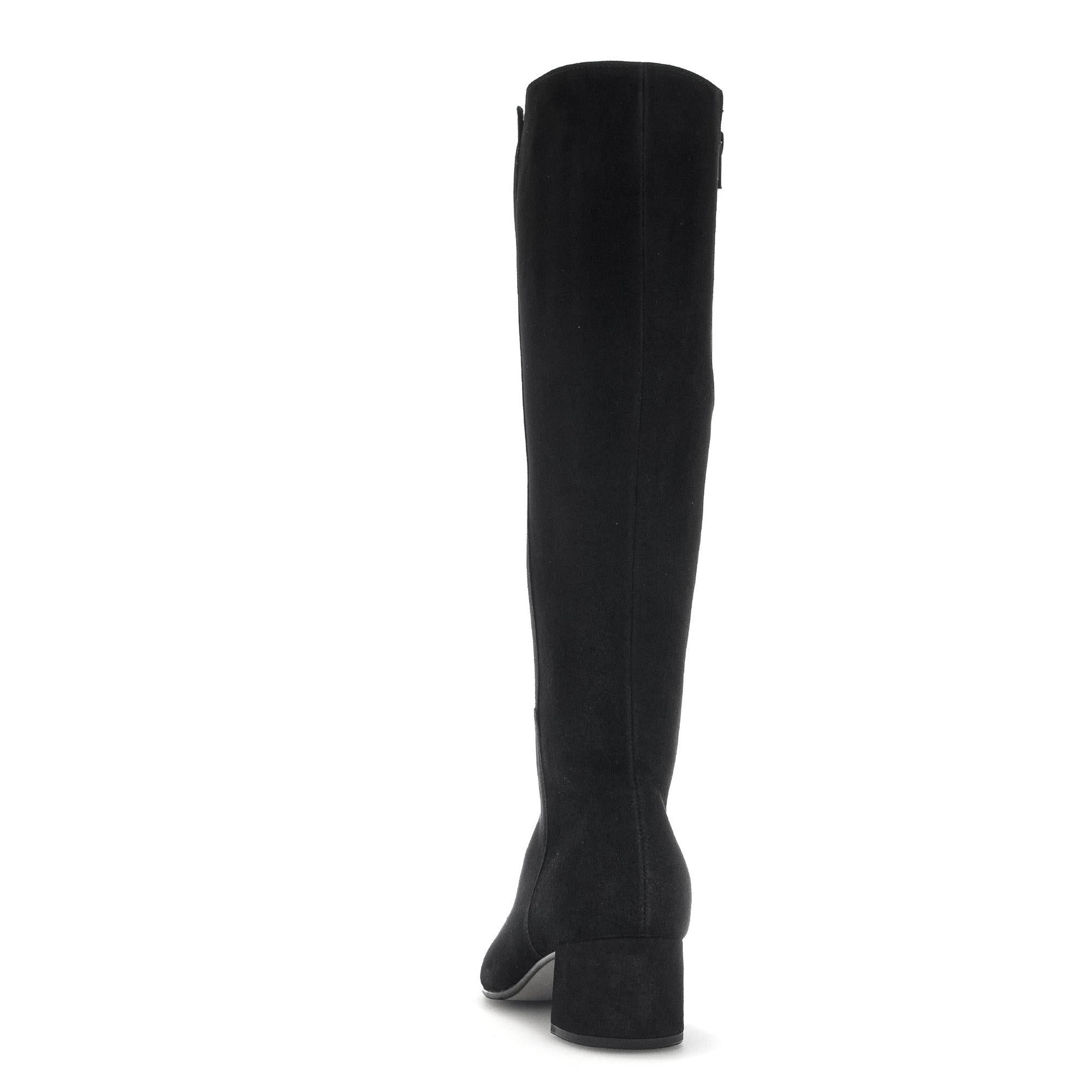 Gabor Women's Black Microsuede Knee-High Boots with Side Zip, Block Heel, and Stylish Design.