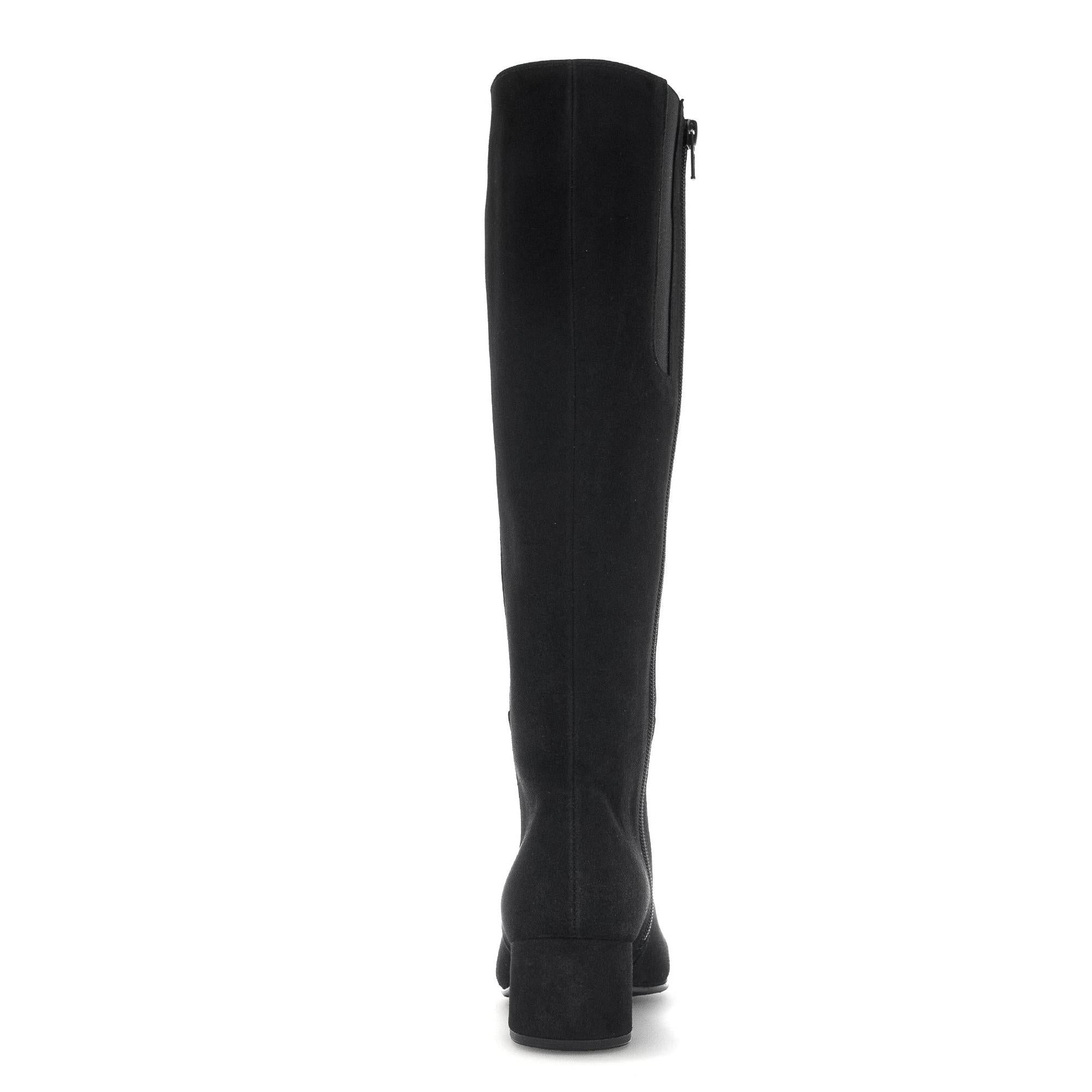 Gabor Ashby M women's black microsuede knee-high boots with side zipper and chunky heel.