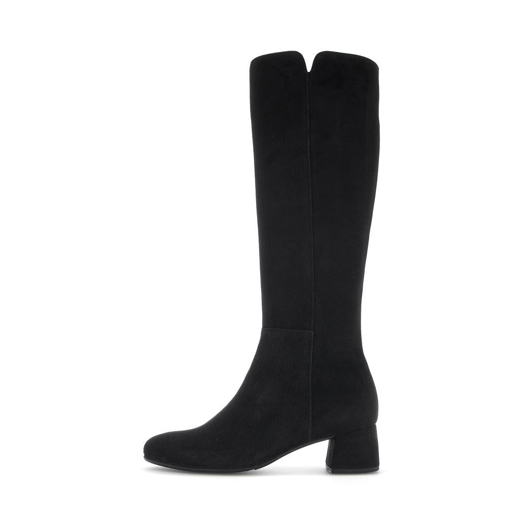 Gabor Ashby M Ladies Black Microsuede Knee-High Boots with Side Zip, block heel, stylish and comfortable footwear.