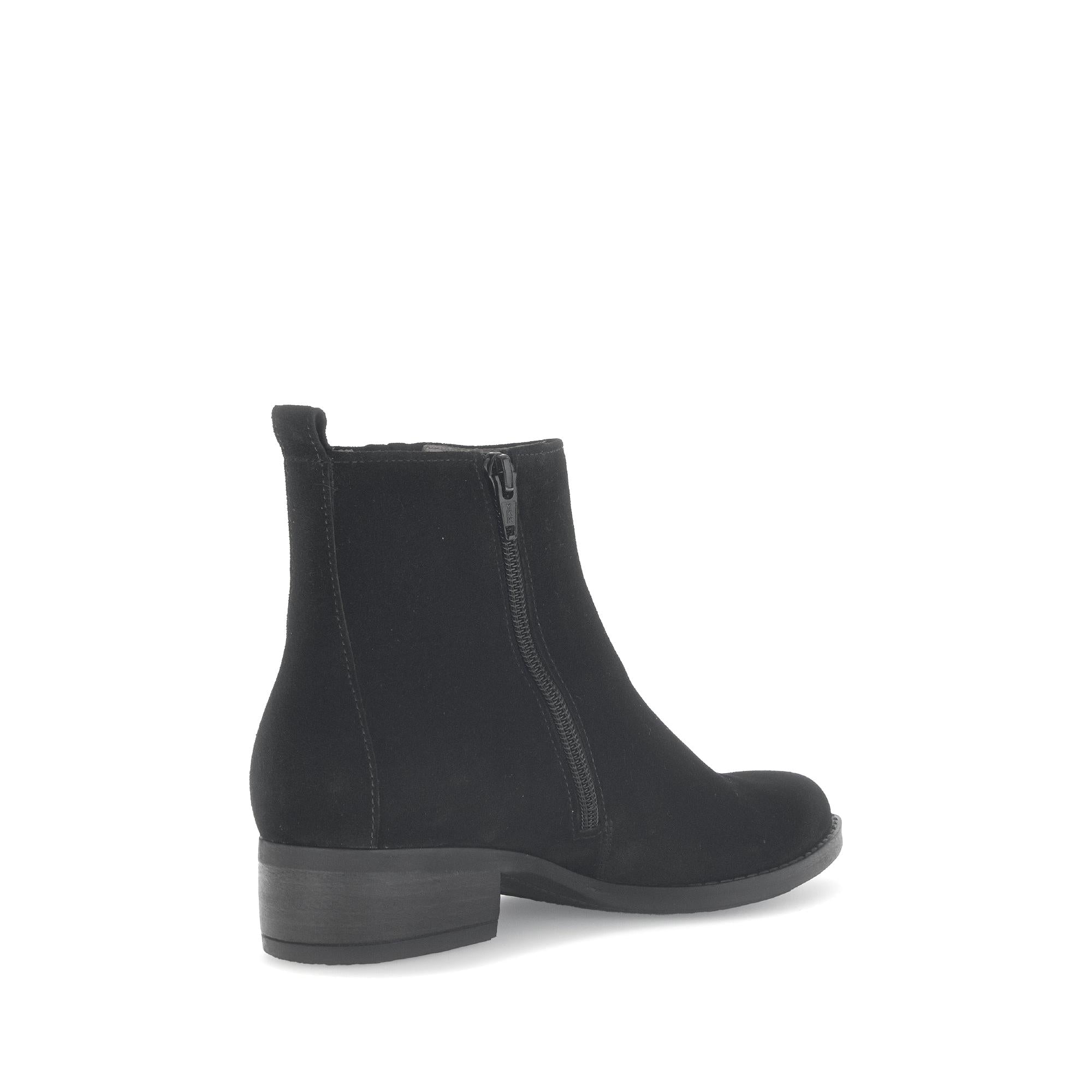 Gabor Gibside Women's Black Suede Side Zip Ankle Boots with low block heel.