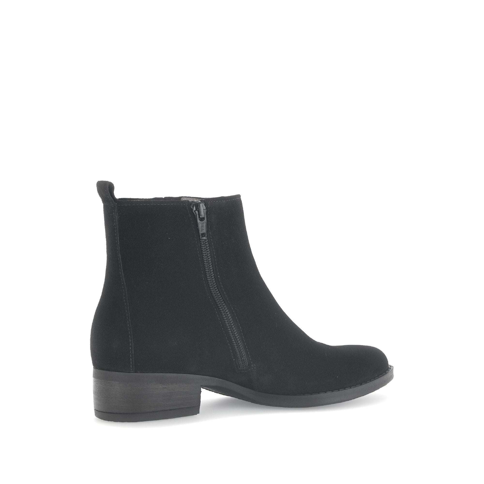 Gabor Gibside women's black suede ankle boots with side zipper and low block heel.