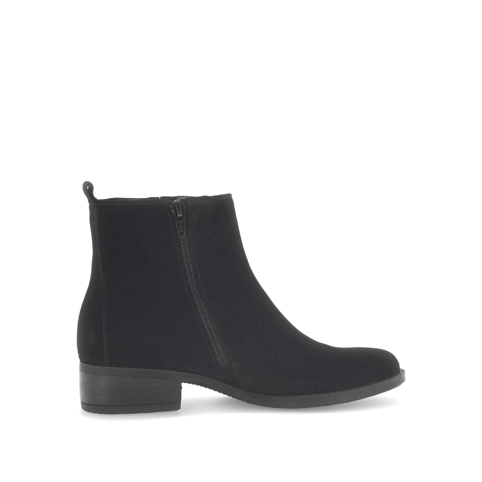 Gabor Gibside Women's Black Suede Side Zip Ankle Boots with low heel and sleek design.
