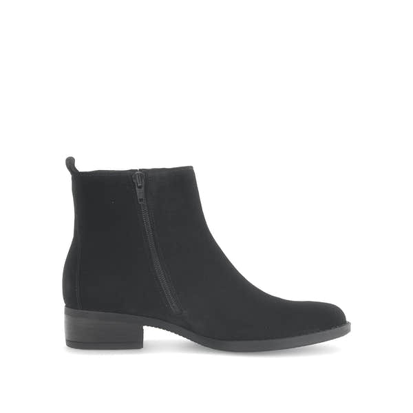 Gabor Gibside Ladies Black Suede Side Zip Ankle Boots, stylish slip-on ankle boots with side zipper and low block heel.